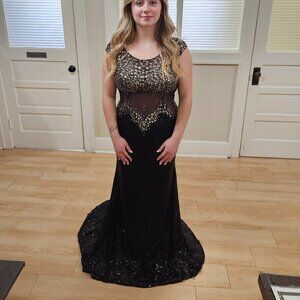 Size 12 Black long wide strap cap sleeve illusion bodice sequin evening gown